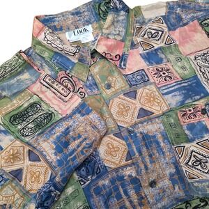 Vintage LOOK 100 Silk Men's XL Short Sleeve Button Down Abstract Patchwork Shirt